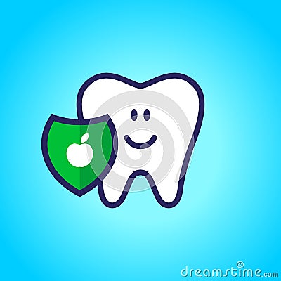 Protected tooth, healthy, white, happy tooth, dentistry, oral hygiene. Shield with an apple symbol. vector Vector Illustration
