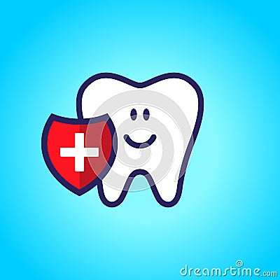 Protected tooth, healthy, white, happy tooth, dentistry, oral hygiene. Shield with a plus sign. vector Vector Illustration