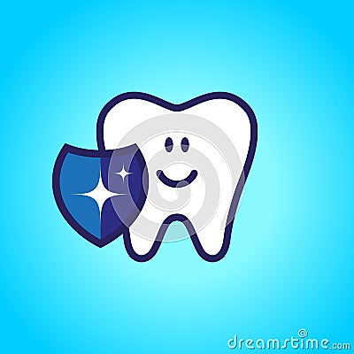 Protected tooth, healthy, white, happy tooth, dentistry, oral hygiene. Shield with a shiny symbol. vector Vector Illustration