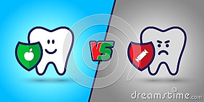 Protected tooth, a healthy, white, happy tooth versus an evil, sick tooth. Harm vs use in the mouth. dentistry, oral hygiene. Shie Vector Illustration