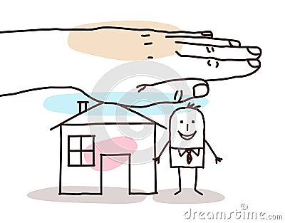 Protecting Big Hand - Cartoon Man with House Vector Illustration