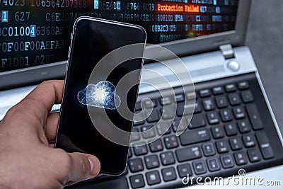 Hacking mobile devices by hackers. Data protection in the cloud Stock Photo