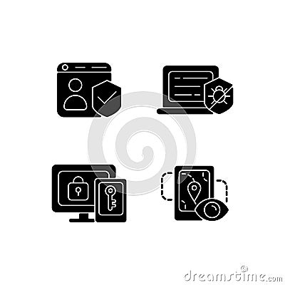 Protecting right to online privacy black glyph icons set on white space Vector Illustration