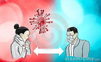 Protection against coronavirus, keep the safety distance between people. Covid-19 spread.Girl with cough that spreads the virus.r Stock Photo