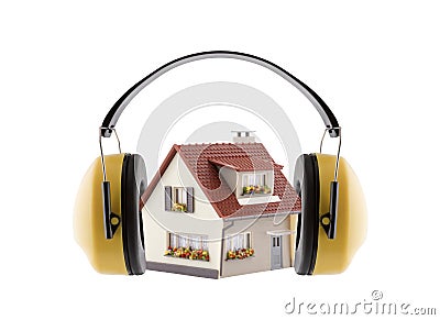 Protection against noise. Hearing protection yellow ear muffs with house miniature isolated on white background Stock Photo