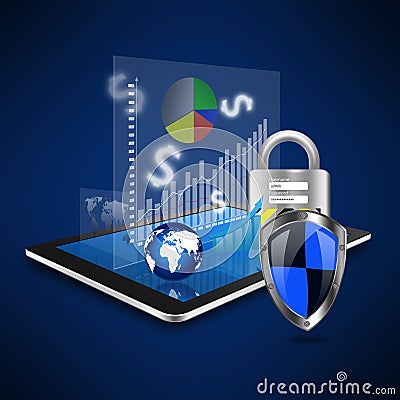 Protection business with padlock on tablet,tablet illustration Cartoon Illustration