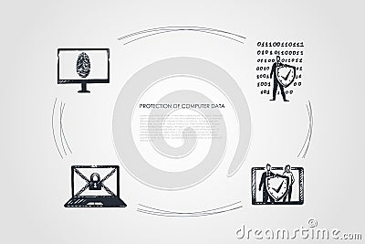 Protection of Computer Data - cipher, fingerprint, code, password vector concept set Vector Illustration