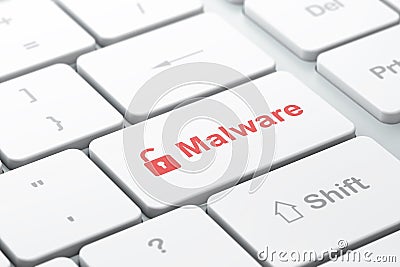 Protection concept: Opened Padlock and Malware on computer keyboard background Stock Photo