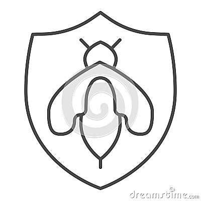 Protection emblem with bee thin line icon, beekeeping concept, shield with insect sign on white background, Bee Care Vector Illustration