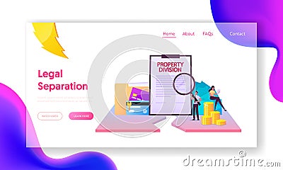 Protection Interests, Legality Landing Page Template. Tiny Lawyer Male Character Reading Huge Property Division Contract Vector Illustration