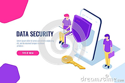 Protection of mobile data and personal information, mobile phone with shield and key, data access concept, isometric Vector Illustration