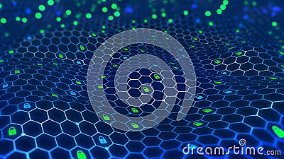 Protection of private data. Hexagonal clusters of quantum architecture Cartoon Illustration