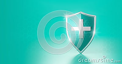 Protection safe shield or safety guard virus defense on secure background with white medical cross. 3D rendering Stock Photo