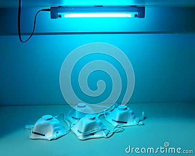 Protection and safety of medical workers.Protective masks N95 are sterilized under ultraviolet light Stock Photo