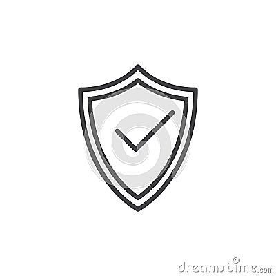 Protection shield with check mark line icon, outline vector sign, linear style pictogram isolated on white. Symbol, logo illustrat Vector Illustration