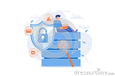 Protection shield with lock, magnifier and users working with protected data. Internet security, privacy and data protection, Vector Illustration