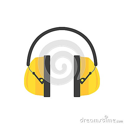 Protective ear muffs. Yellow headphones for construction worker. Professional equipment for hearing safety. Flat vector Vector Illustration