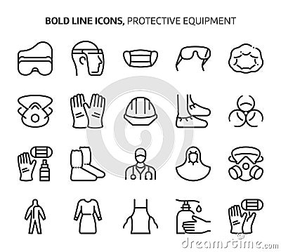 Protective equipment, bold line icons Vector Illustration