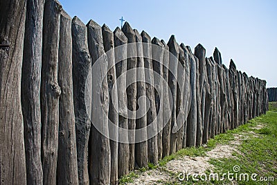 Protective fence made of logs of Zaporizhzhya Sich Stock Photo