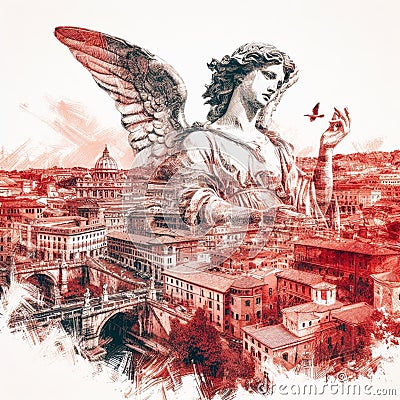 protective guarding angel over a cityscape red black drawing art Stock Photo