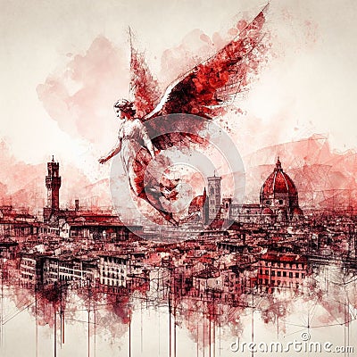 protective guarding angel over a cityscape red black drawing art Stock Photo