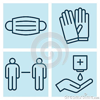 Protective mask, protective gloves, keep social distance and disinfect your hands sign Vector Illustration