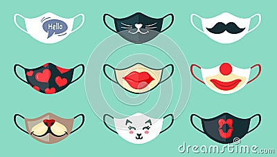 Protective masks with cool drawings set. Stylish black mustache colorful red hearts big painted lips with clown mask and Vector Illustration