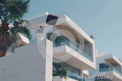 Protective measures in automated network administration ensure shatterproof security, monitored by cameras with wired network syst Cartoon Illustration