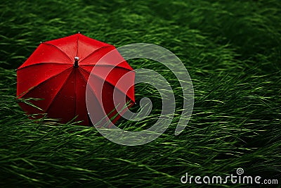 Protective Red umbrella green grass. Generate Ai Stock Photo