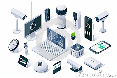 Protective secure network setups include security systems with voice-internet alarm systems watching over safety setups for high c Cartoon Illustration
