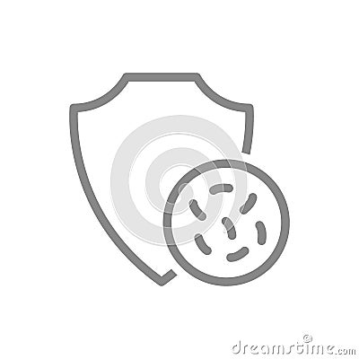 Protective shield and bacteria line icon. Microbes, viruses, disinfection Vector Illustration