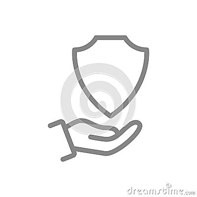 Protective shield on the hand line icon. Protection, security sign, defender support Vector Illustration