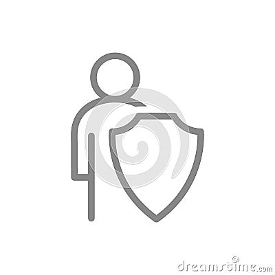 Protective shield and human line icon. Personal safety, bodyguard, protection of people Vector Illustration