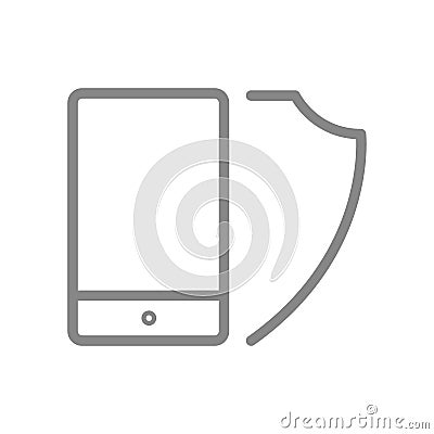 Protective shield and smartphone line icon. Antivirus, secure phone, file protection Vector Illustration