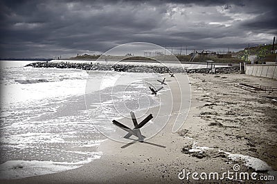 Protective structures on the Black Sea coast in wartime in the Odessa region. Stock Photo