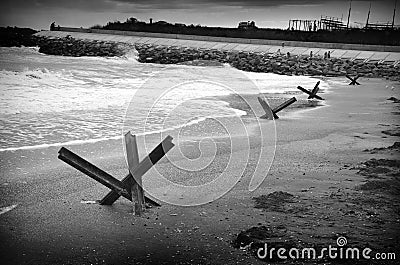 Protective structures on the Black Sea coast in wartime in the Odessa region. Stock Photo