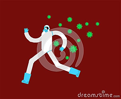 Protective suit against coronavirus. Viral infection. Biological Protection. Virus attack. Bacteria are flying Vector Illustration