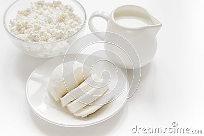 Proteic breakfast concept with dairy products on table Stock Photo