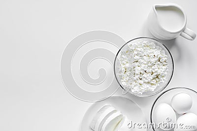 Proteic breakfast concept with dairy products on table top view mock-up Stock Photo