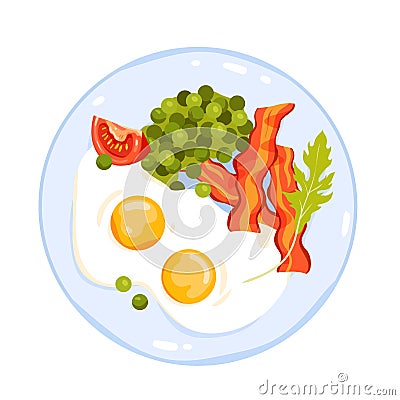 Protein English breakfast, cooking morning food with fat, fried hot ham bacon and eggs Vector Illustration