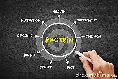 Protein are large biomolecule and macromolecule that comprise one or more long chains of amino acid residues, mind map concept Stock Photo