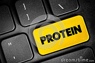 Protein - large biomolecules and macromolecules that comprise one or more long chains of amino acid residues, text concept button Stock Photo