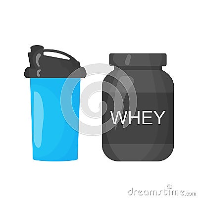 Protein and shaker icon on the white background. Sports equipment illustration set for gym or fitness flayers Vector Illustration