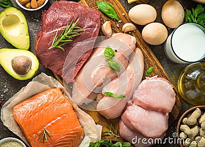 Protein sources - meat, fish, cheese, nuts. Stock Photo