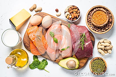 Protein sources - meat, fish, cheese, nuts, beans and greens. Stock Photo