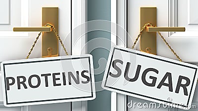 Proteins or sugar as a choice in life - pictured as words Proteins, sugar on doors to show that Proteins and sugar are different Cartoon Illustration