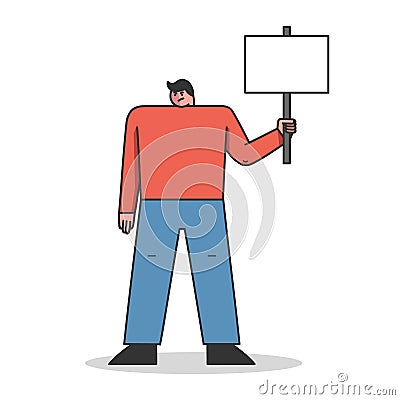 Protest Action Concept. Dissatisfied Man Is Complaining, Striking And Protesting Holding Big Protest Banner Vector Illustration