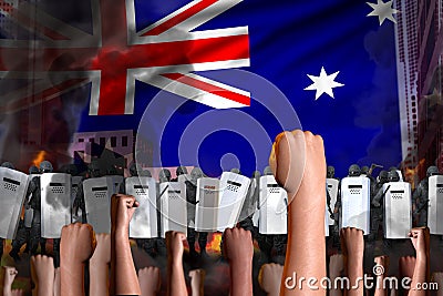 Protest in Australia - police special forces stand against the protestors crowd on flag background, disorder fighting concept, Stock Photo