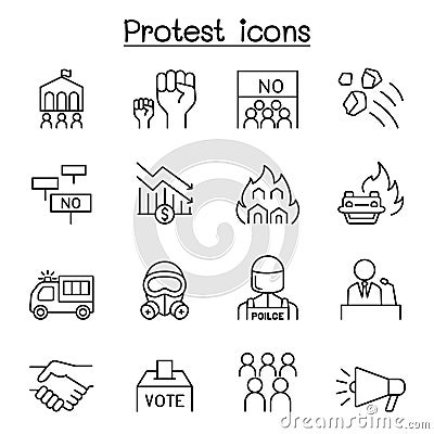 Protest & chaos icon set in thin line style Vector Illustration
