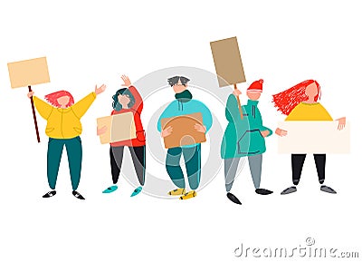 People holding signs, picketing. Vector illustration in flat style Vector Illustration